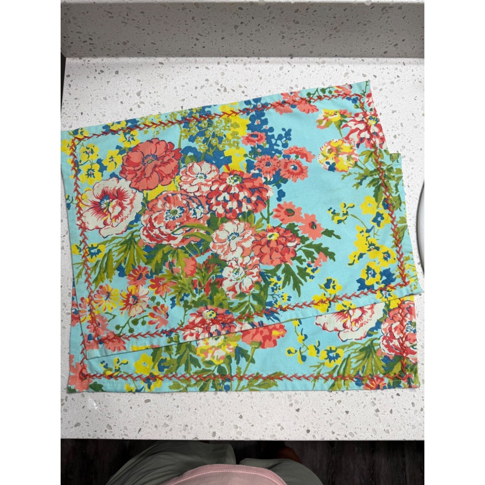 April Cornell Placemats Set of 2 Blue Floral Cotton EUC Whipstitch 19x13 Boho